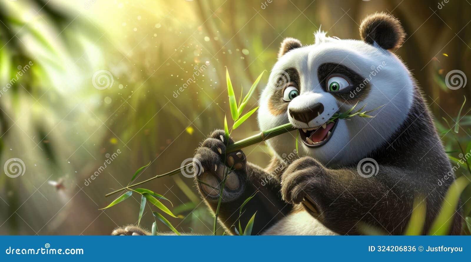 joyful panda munching on bamboo in a lush forest. generative ai