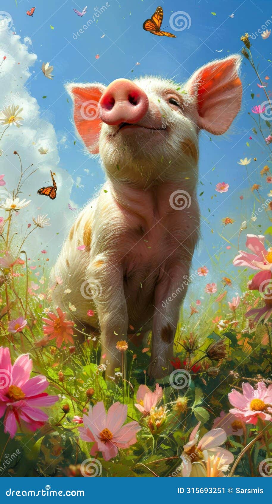 joyful piglet in a blossoming meadow. greeting card for celebrating national pig day
