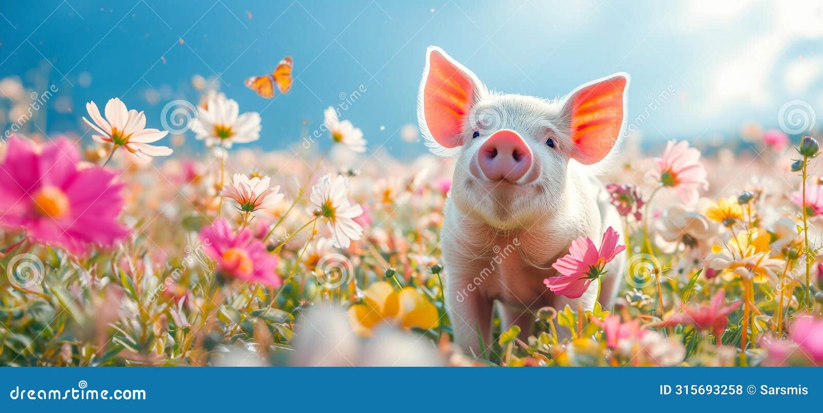 joyful piglet in a blossoming meadow. greeting card for celebrating national pig day