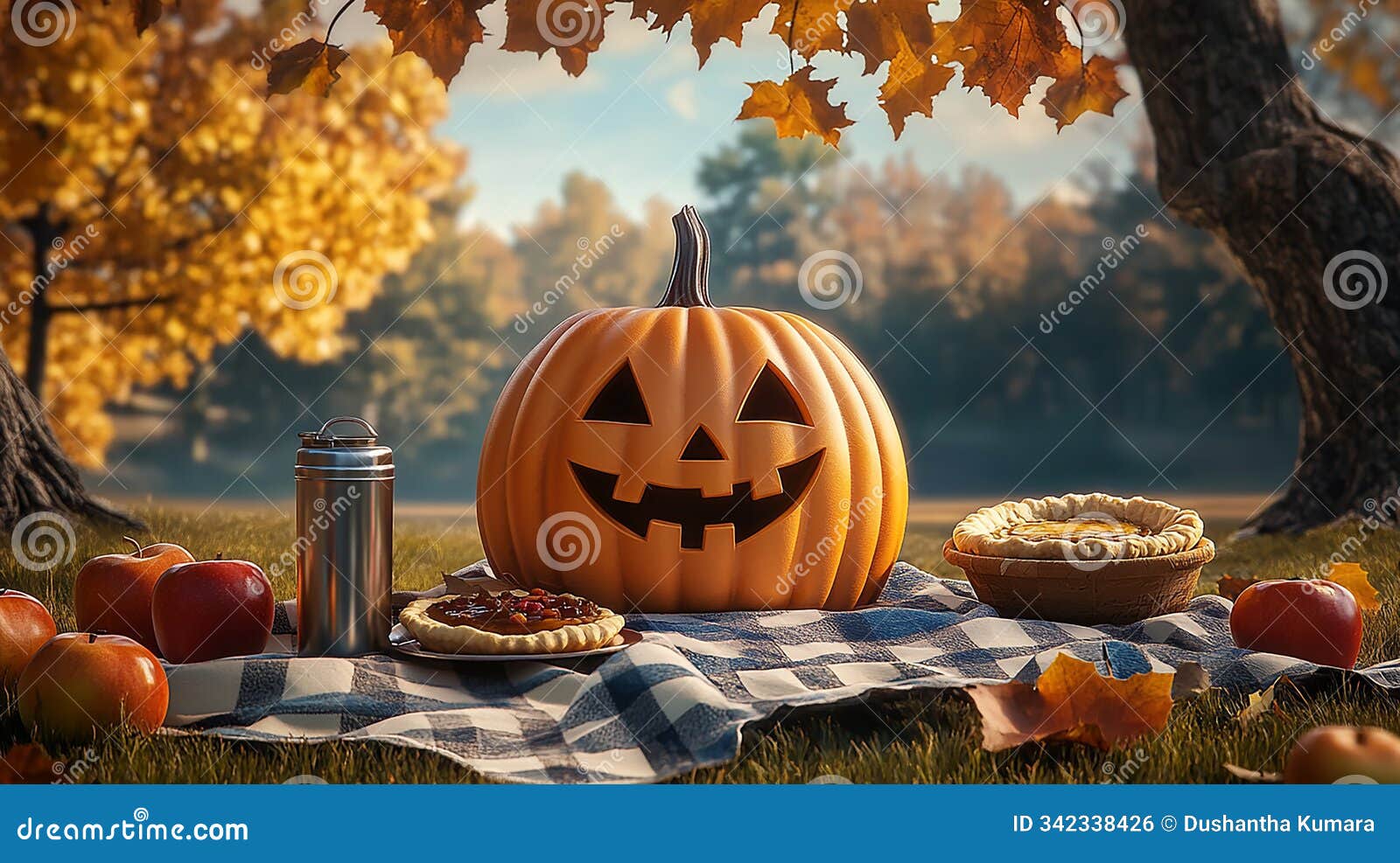 happy pumpkin at a picnic with a cheerful expression