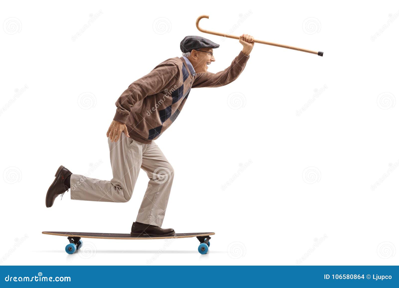 Joyful Senior Holding a Cane and Riding a Longboard Stock Photo - Image ...