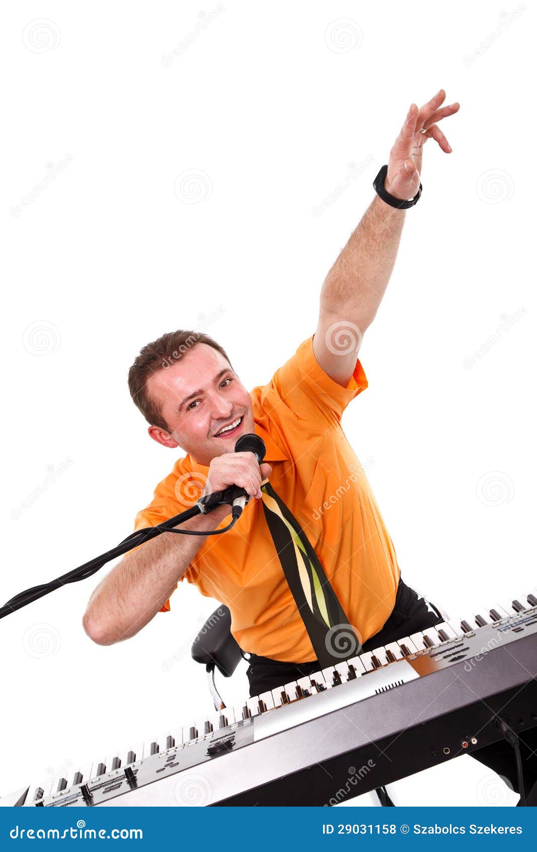 Joyful Singer with Synthesizer and Microphone Stock Photo Image of