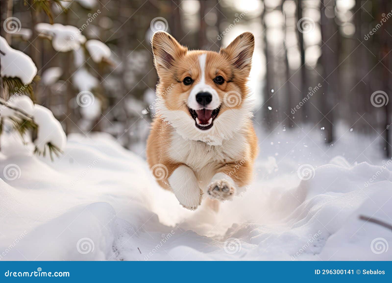 A Joyful Small Dog Leaps through the Snowy Forest Stock Illustration