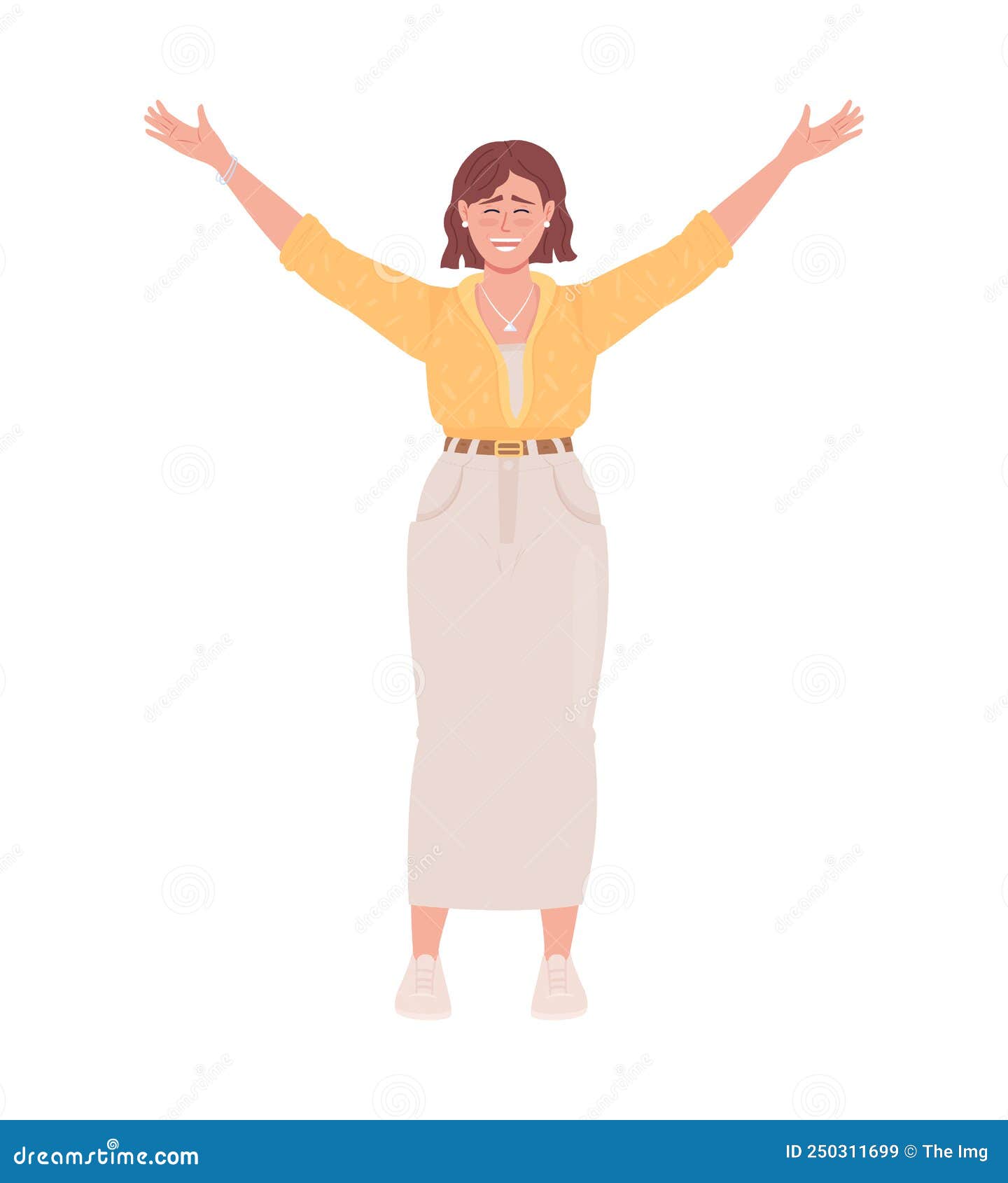 joyful woman raising up hands semi flat color  character