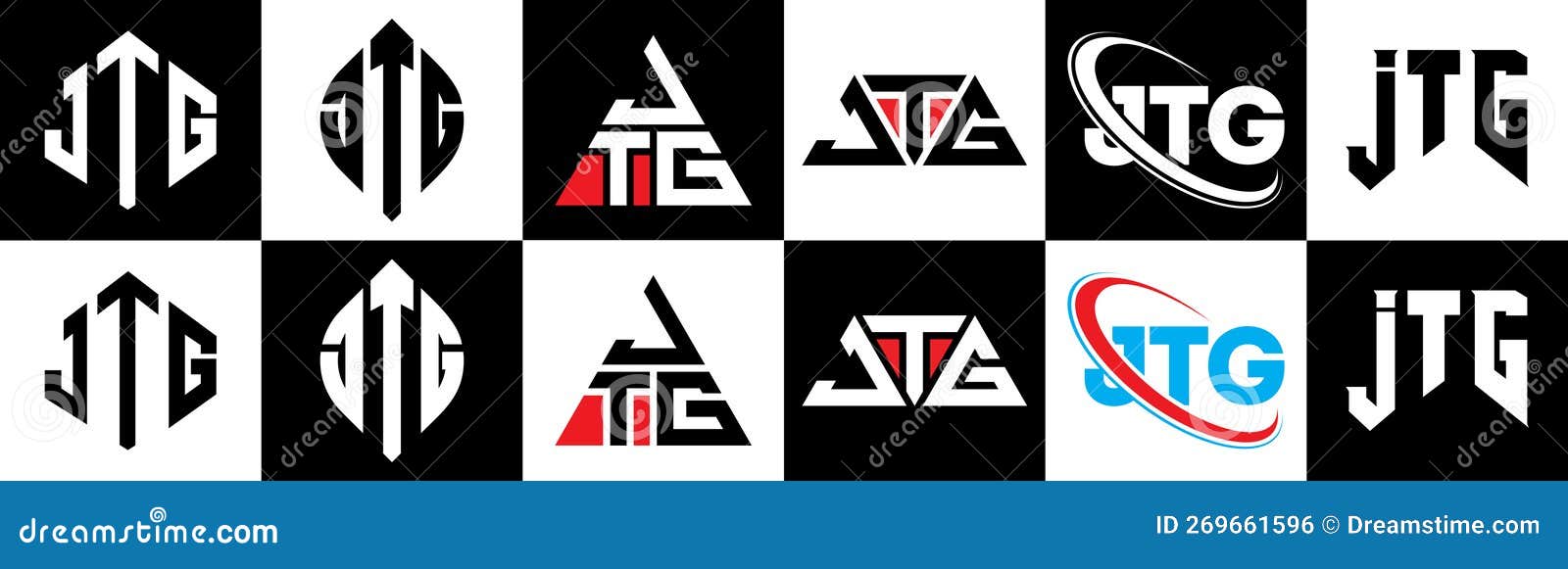 jtg letter logo  in six style. jtg polygon, circle, triangle, hexagon, flat and simple style with black and white color