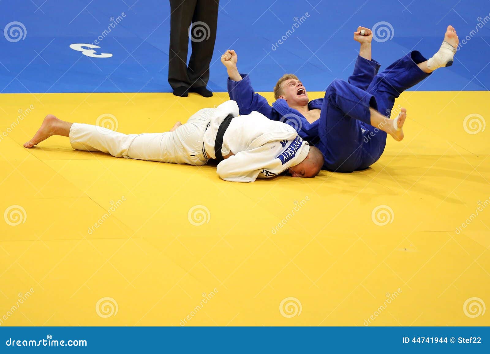 Judô - celebração de vitória. Philipp Galandi (no azul) de Alemanha que comemora sua vitória sobre Anton Savytskiy (no branco) de Ucrânia durante campeonatos europeus do judô para os júniors individuais realizados em Bucareste