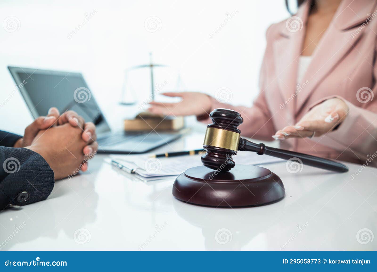judge gavel in law office is placed on table to ize judge deciding lawsuit. gavel wood on wooden table of lawyers in lega