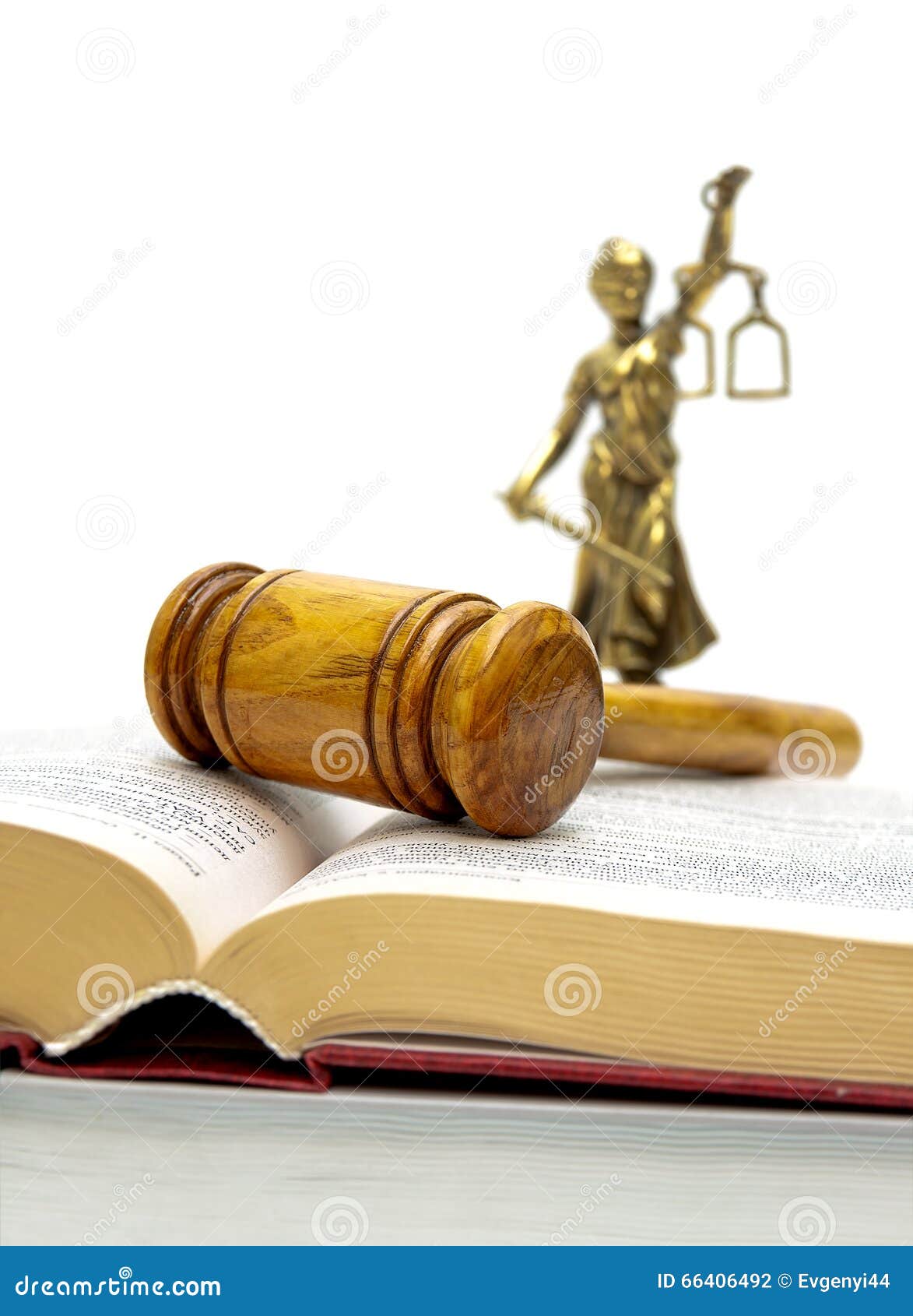 Judge Hammer, the Book of Laws and Justice Statue. Stock Photo Image