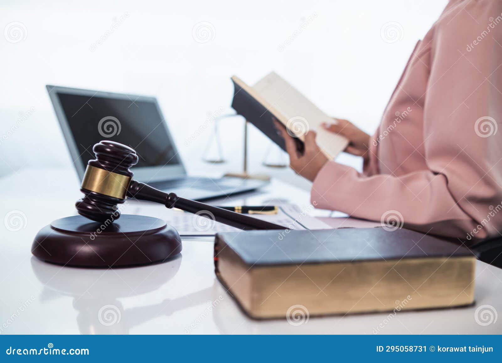 judge gavel in law office is placed on table to ize judge deciding lawsuit. gavel wood on wooden table of lawyers in lega