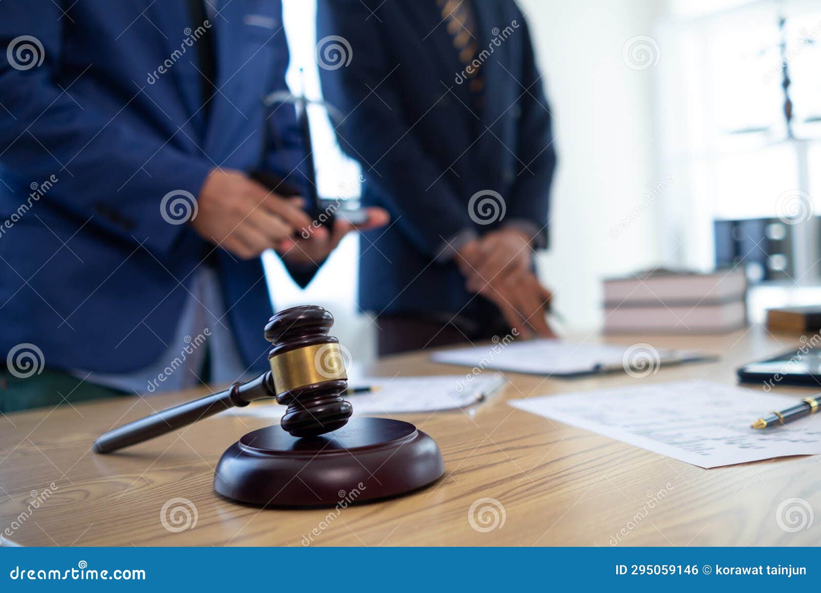 judge gavel in law office is placed on table to ize judge deciding lawsuit. gavel wood on wooden table of lawyers in lega