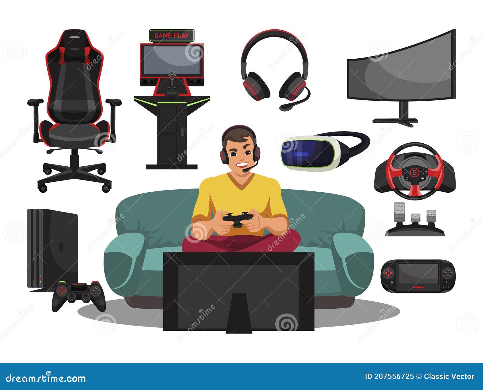 Juego De Accesorios Y Equipos Para Cyber Sport Pro Gamer Stock de  ilustración - Ilustración de objeto, gente: 207556725
