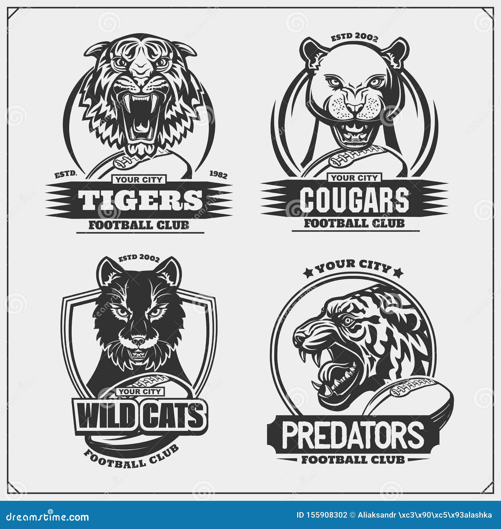 Juego De Emblemas De Fútbol, Insignias, Logos Y Etiquetas Con Tigre,  Cougars Y Comodines Diseño De Impresión Para Camisetas Ilustración del  Vector - Ilustración de juego, animal: 155908302