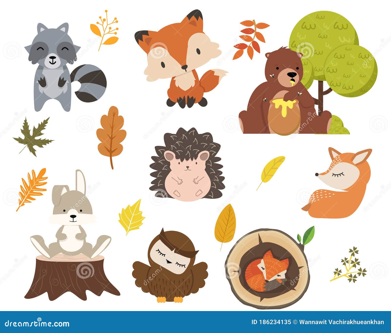 Juego De Personajes De Dibujos Animados De Animales De Bosque Ilustración  del Vector - Ilustración de ardilla, feliz: 186234135