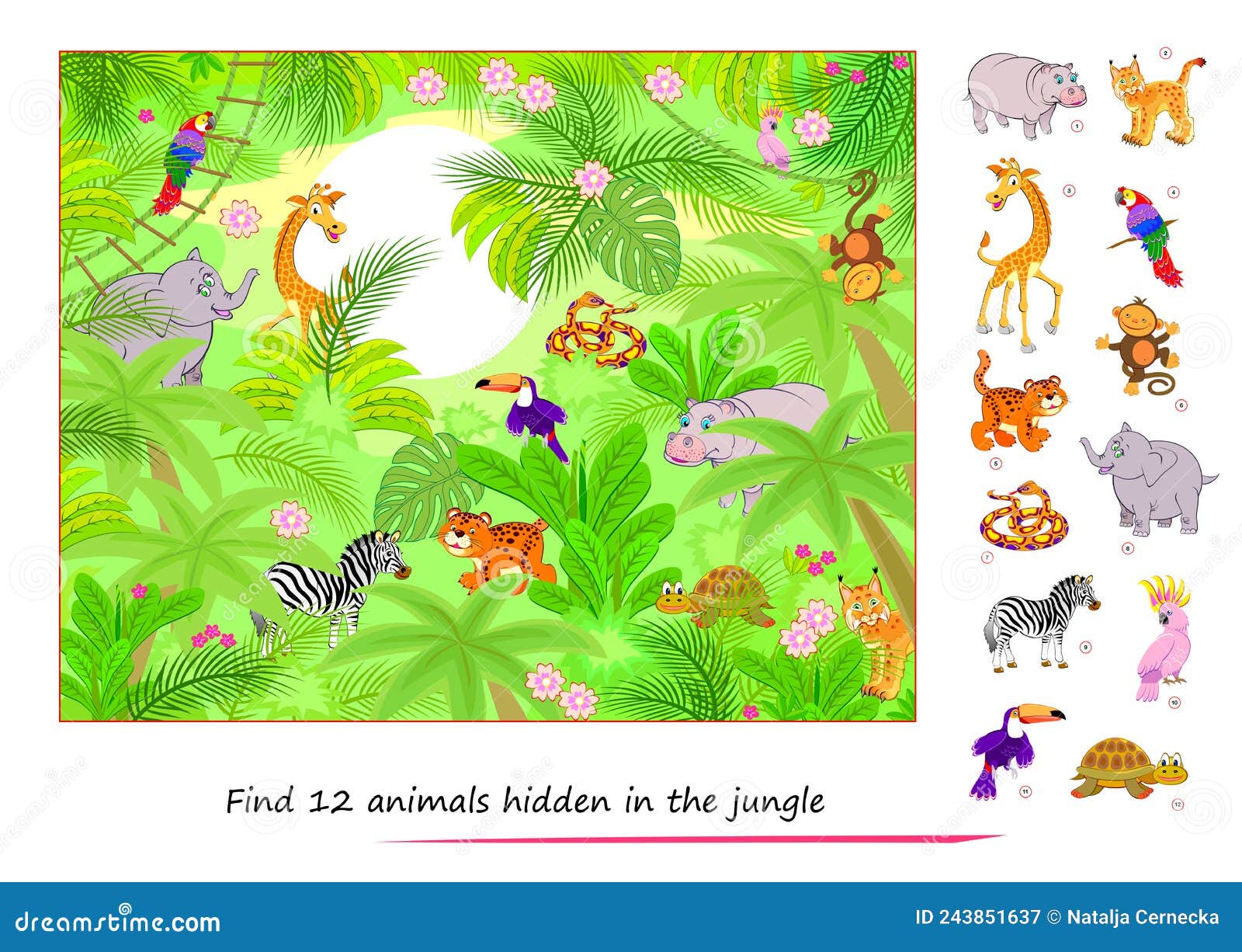 Juego De Lógico Para Niños. Encontrar 12 Animales Escondidos En La Selva. Página Educativa Para En Línea Ilustración del Vector - Ilustración de laberinto, imprimible: 243851637