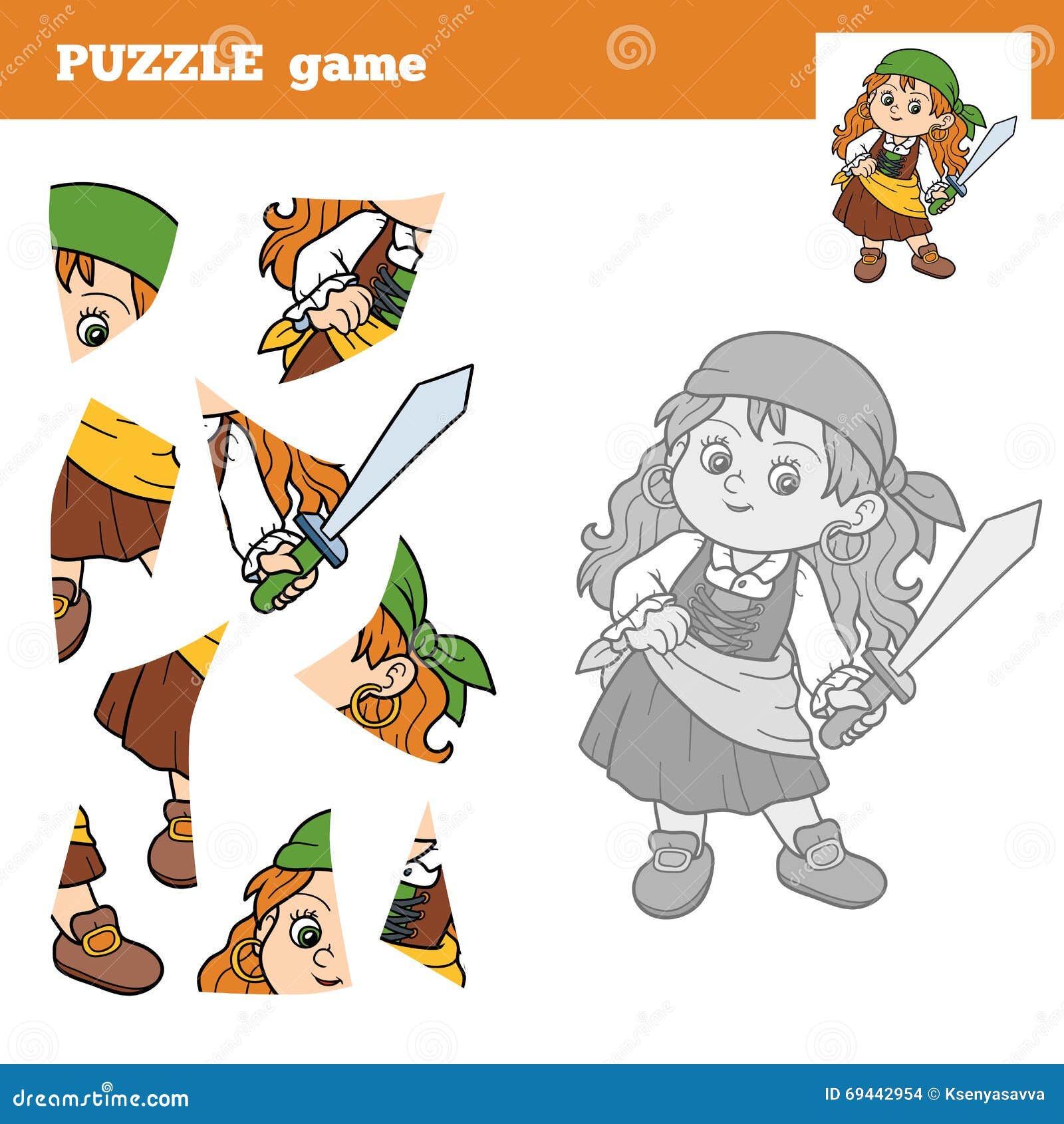 Juego Para Los Niños, Muchacha Del Rompecabezas Del Pirata Ilustración del Vector - Ilustración de rompecabezas, juego: 69442954