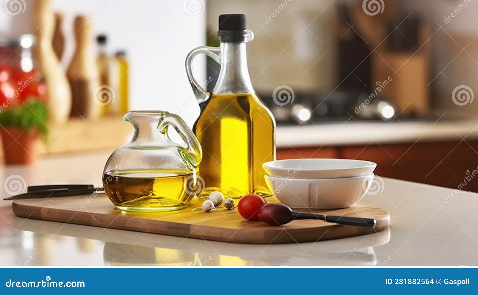 Jug and Bottle of Cooking Oil with Ingredients on Table in Kitchen