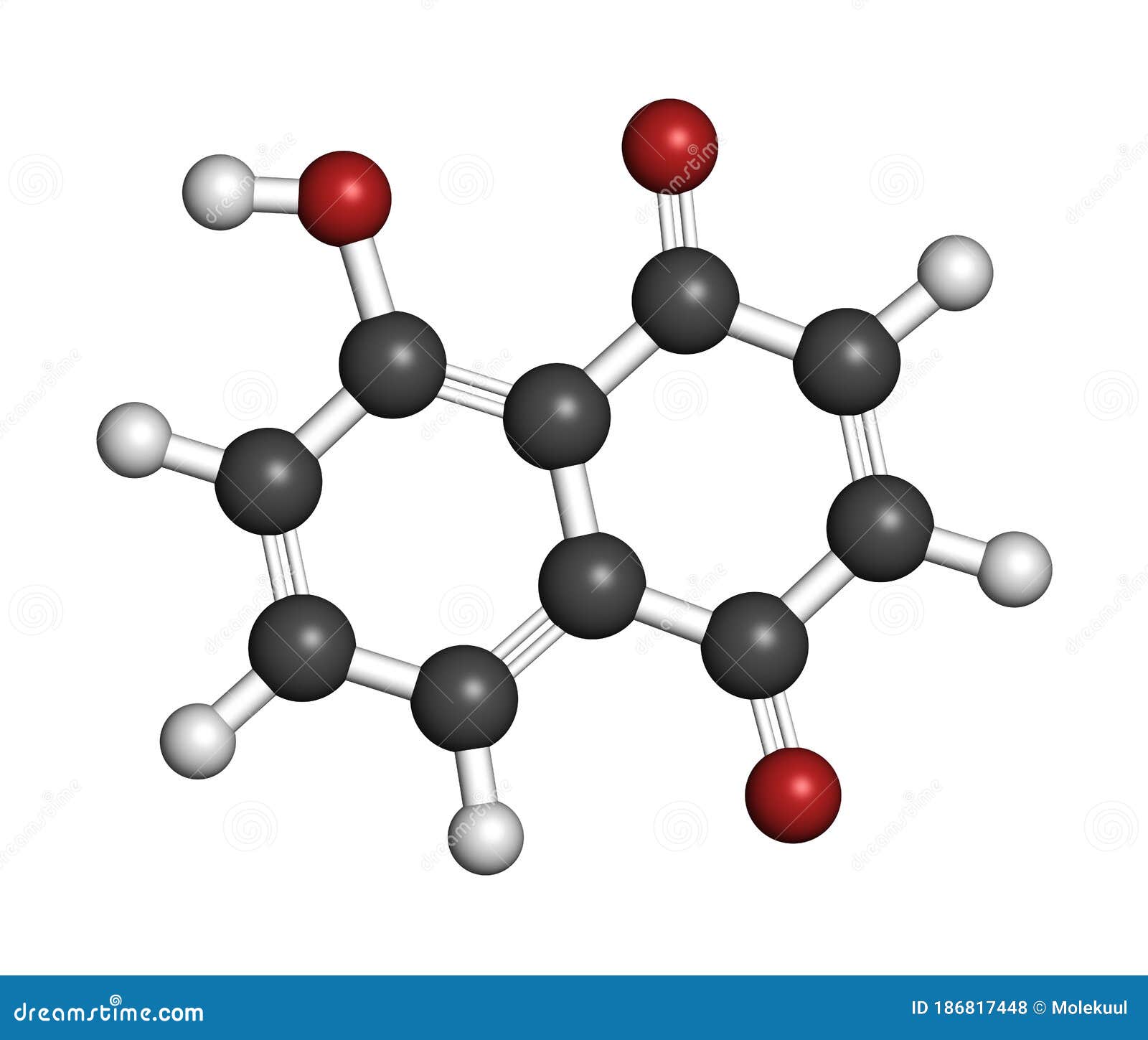juglone walnut molecule. 3d rendering. atoms are represented as spheres with conventional color coding: hydrogen (white), carbon (