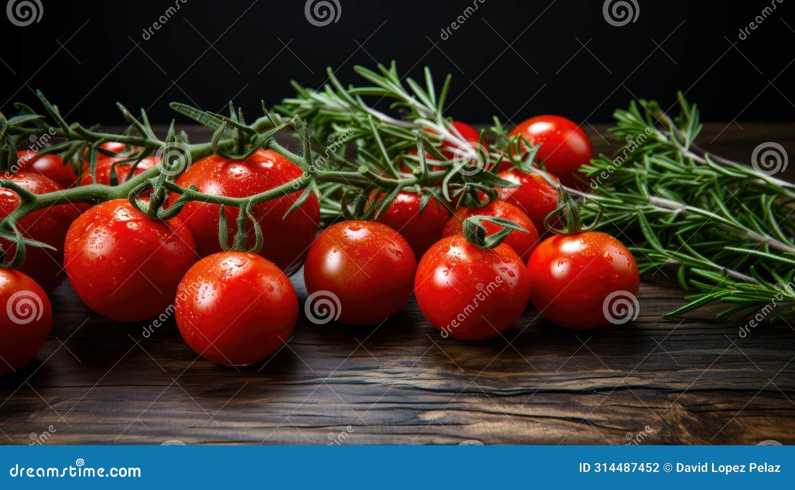 tomates cherry y romero fresco sobre mesa rÃÂºstica de madera.generstive ai