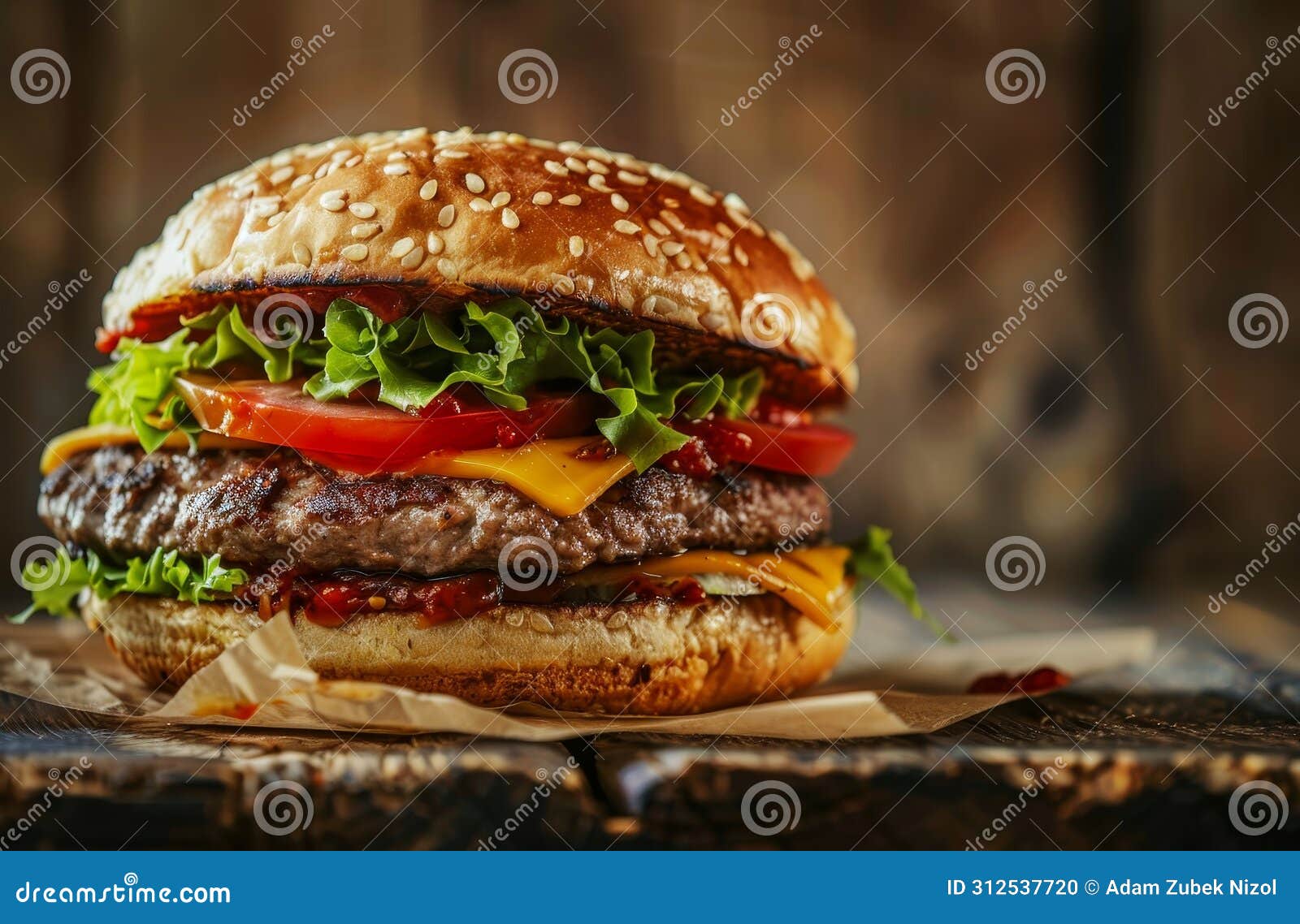 juicy cheeseburger with fresh toppings on wooden table