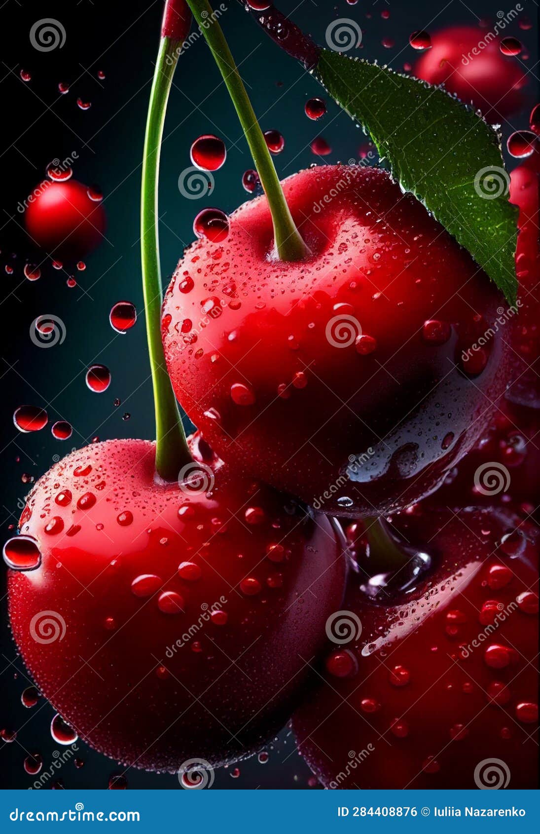 Juicy Cherries with Water Drops. AI Generated Stock Illustration