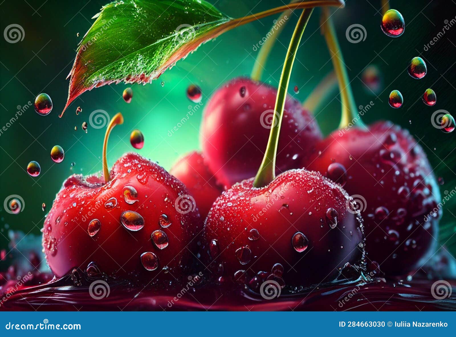 Juicy Cherries with Water Drops. AI Generated Stock Photo Image of
