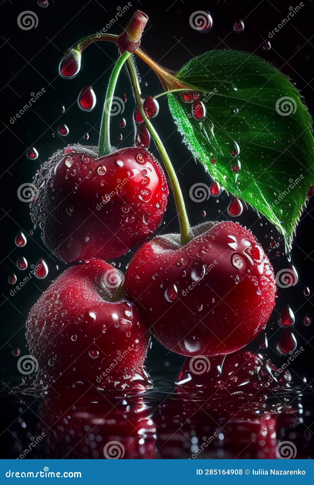 Juicy Cherries with Water Drops. AI Generated Stock Illustration