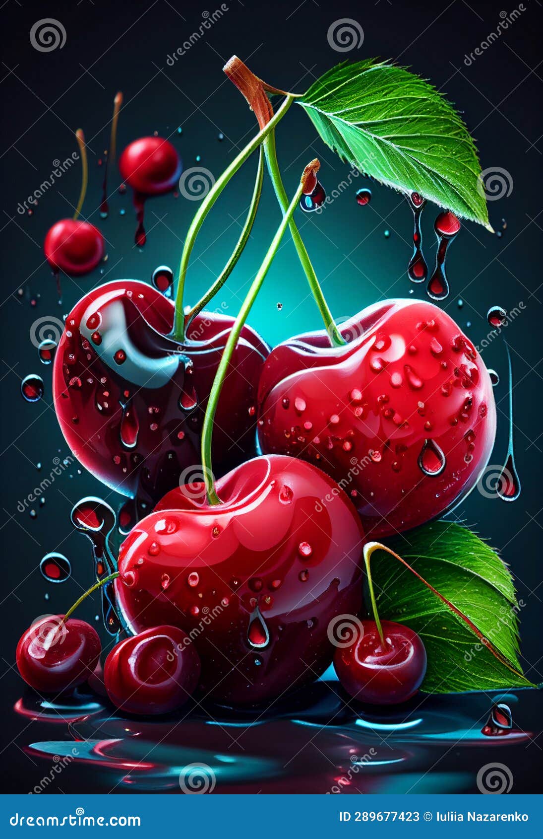 Juicy Cherries with Water Drops. AI Generated Stock Image Image of