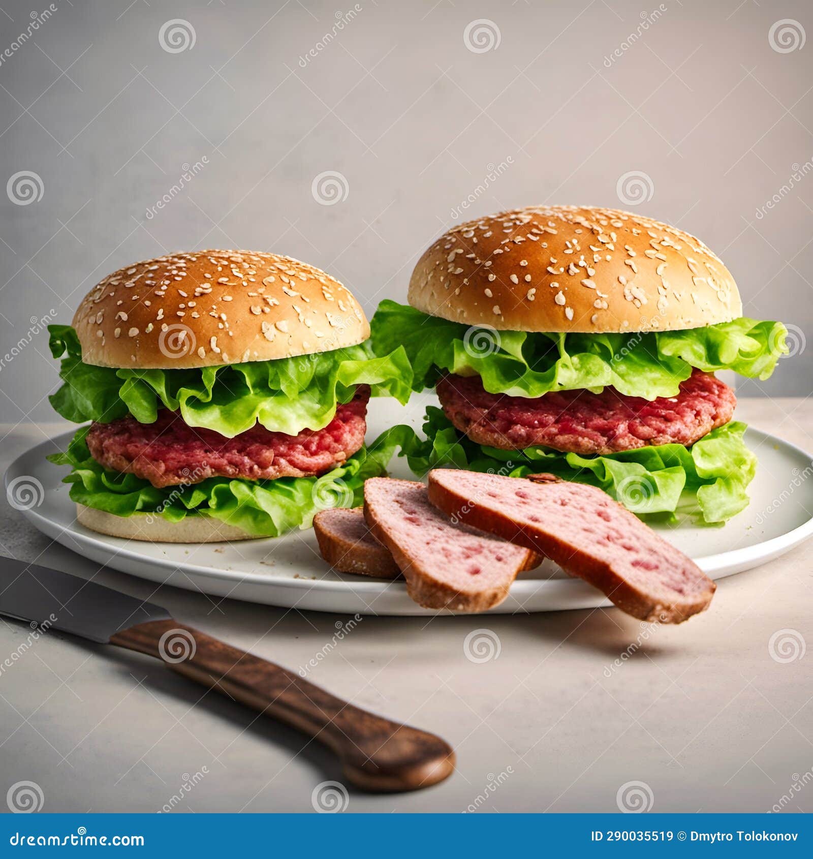 Juicy Delicious Burger with Meat and Leaf of Salad Stock Illustration