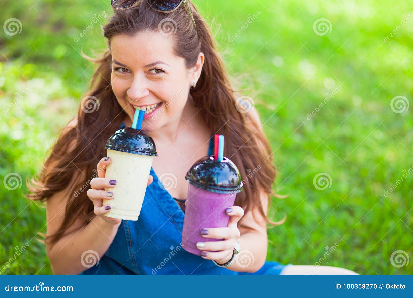 Juicy Fresh Cold Healthy Delicious Smoothie Milkshake Young Woman Drink 