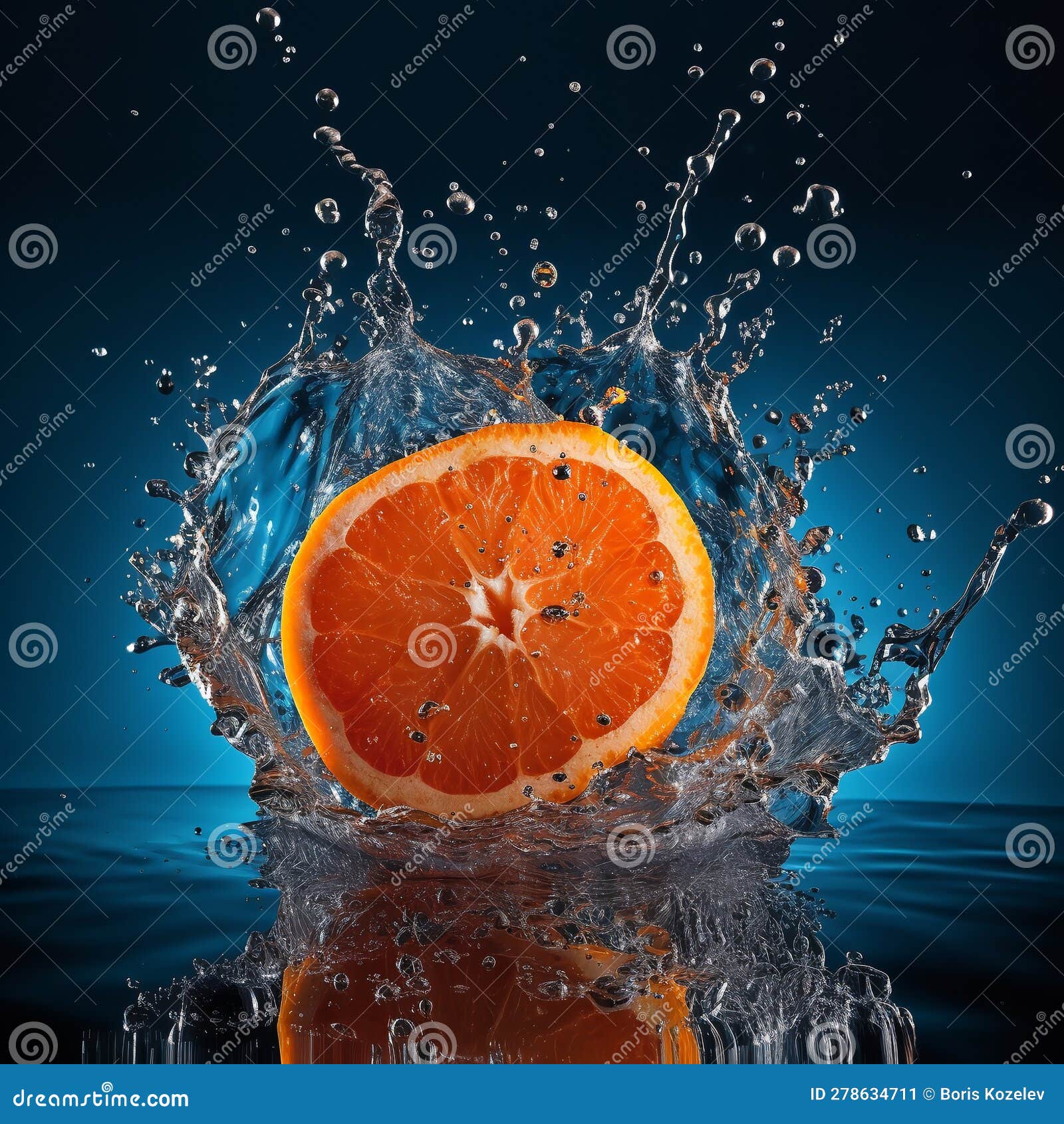 Juicy Fresh Orange Fruit Dropping into Water with Splash Stock