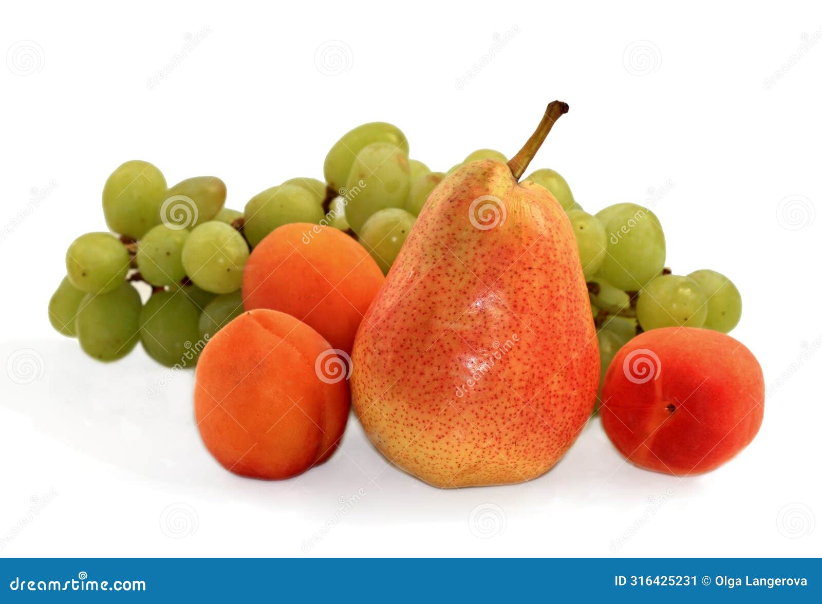 juicy fresh pears apricots and grapes on a white background