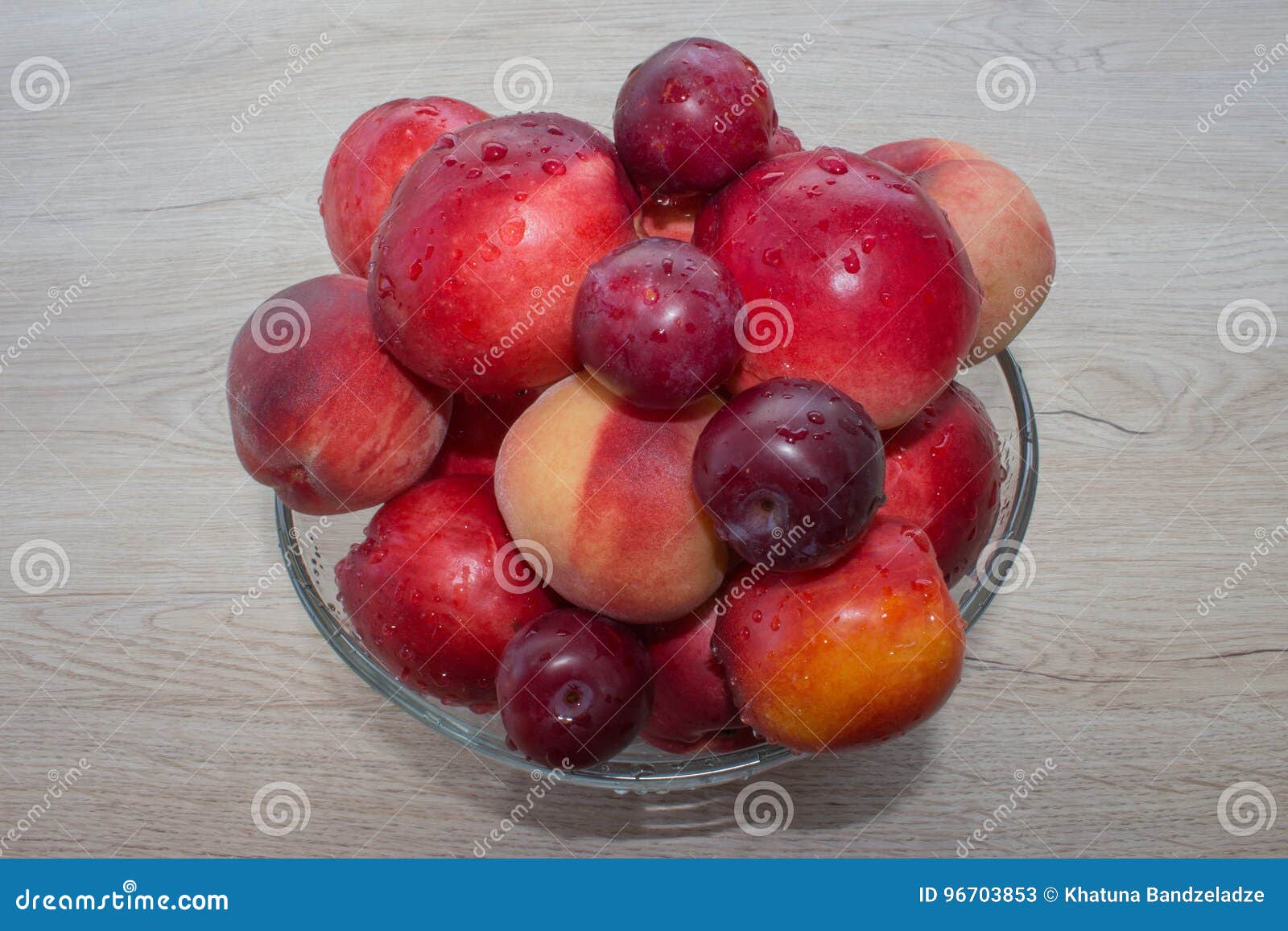 Juicy Peaches, Nectarine and Plums on the Kitchen Table. Fruit on the