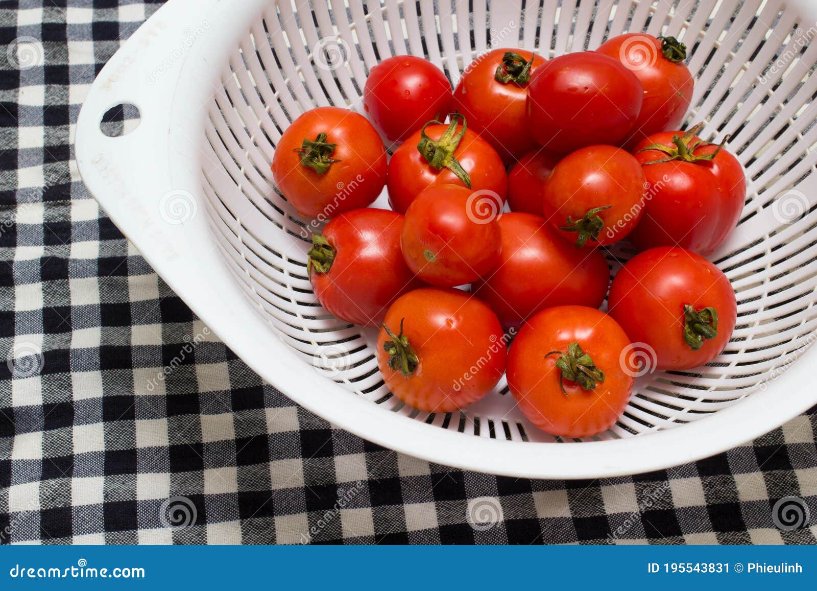 juicy red tomatoes in table cloth . caro background