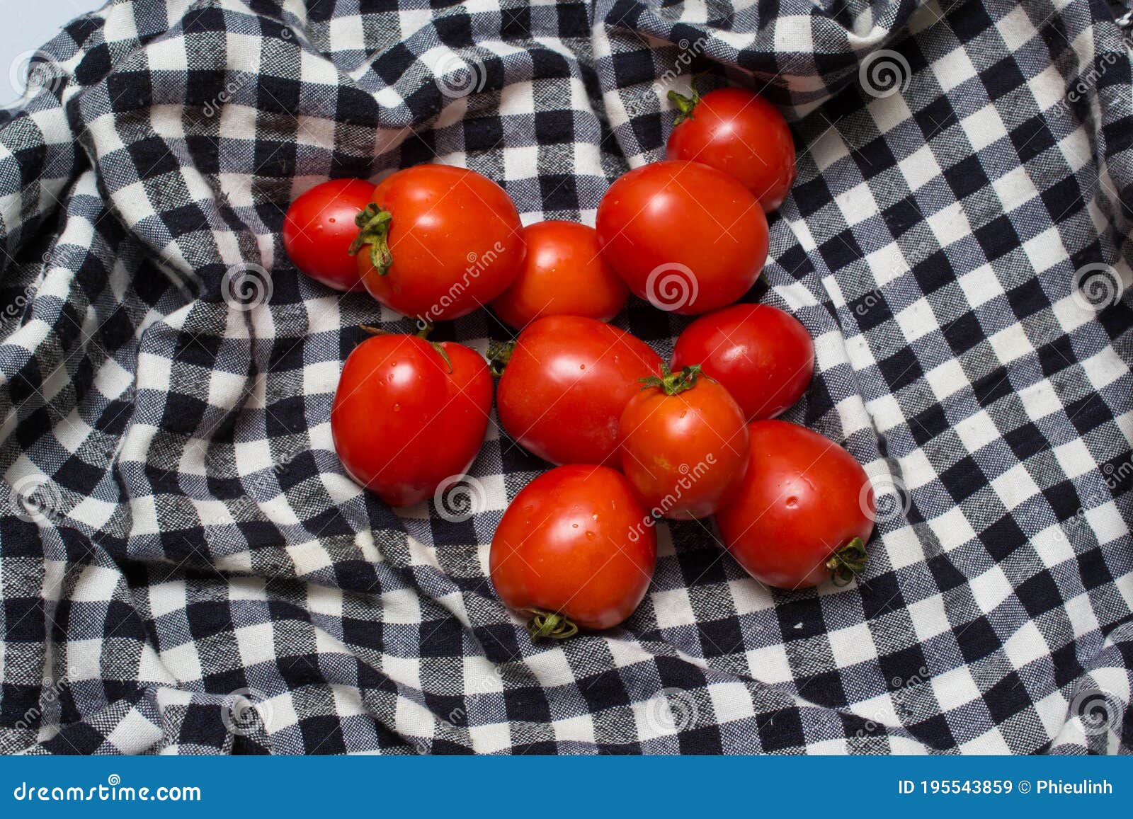 juicy red tomatoes in table cloth . caro background