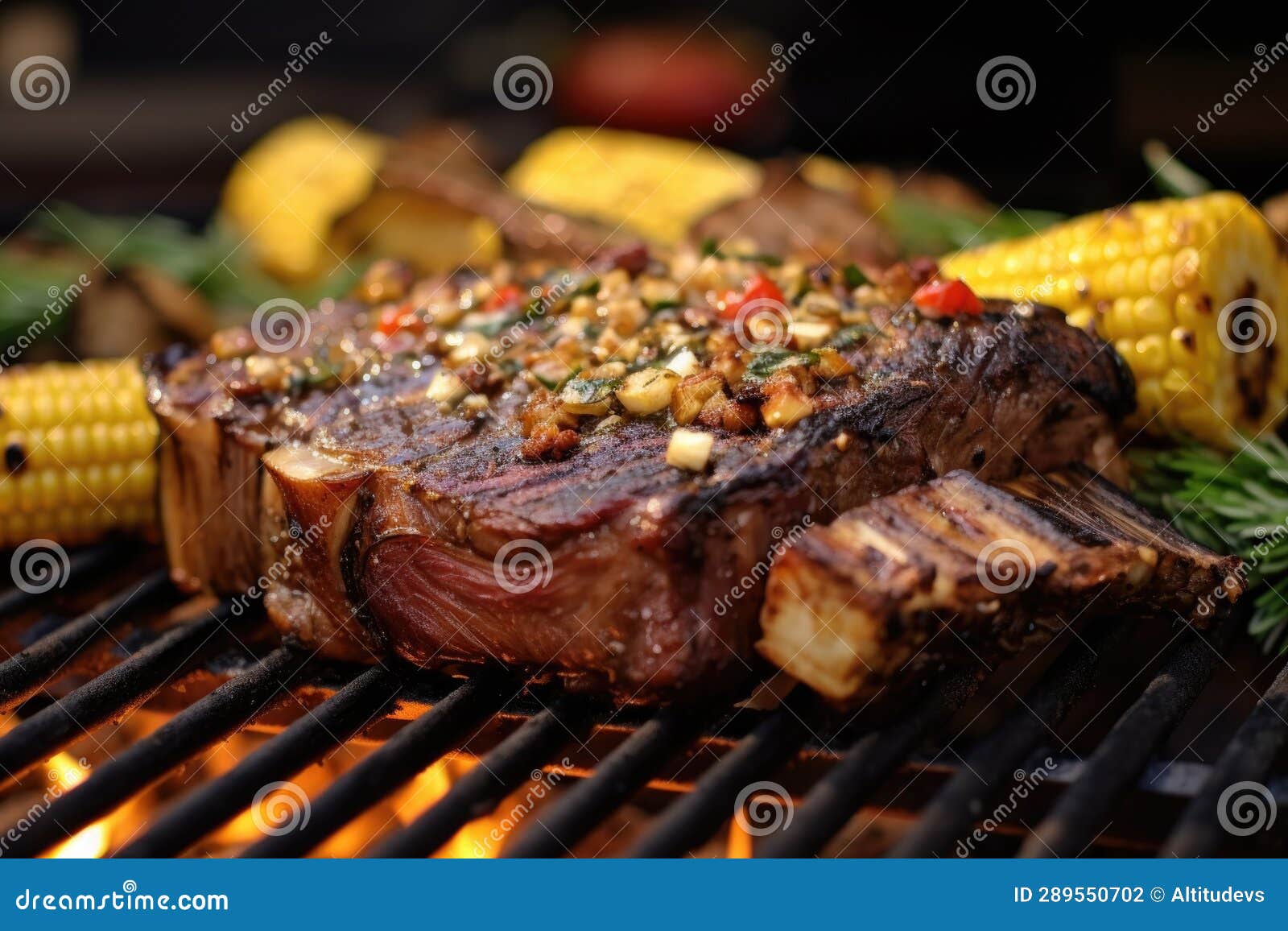 Juicy Ribeye Steak on Bbq with Corn and Mushrooms Stock Illustration