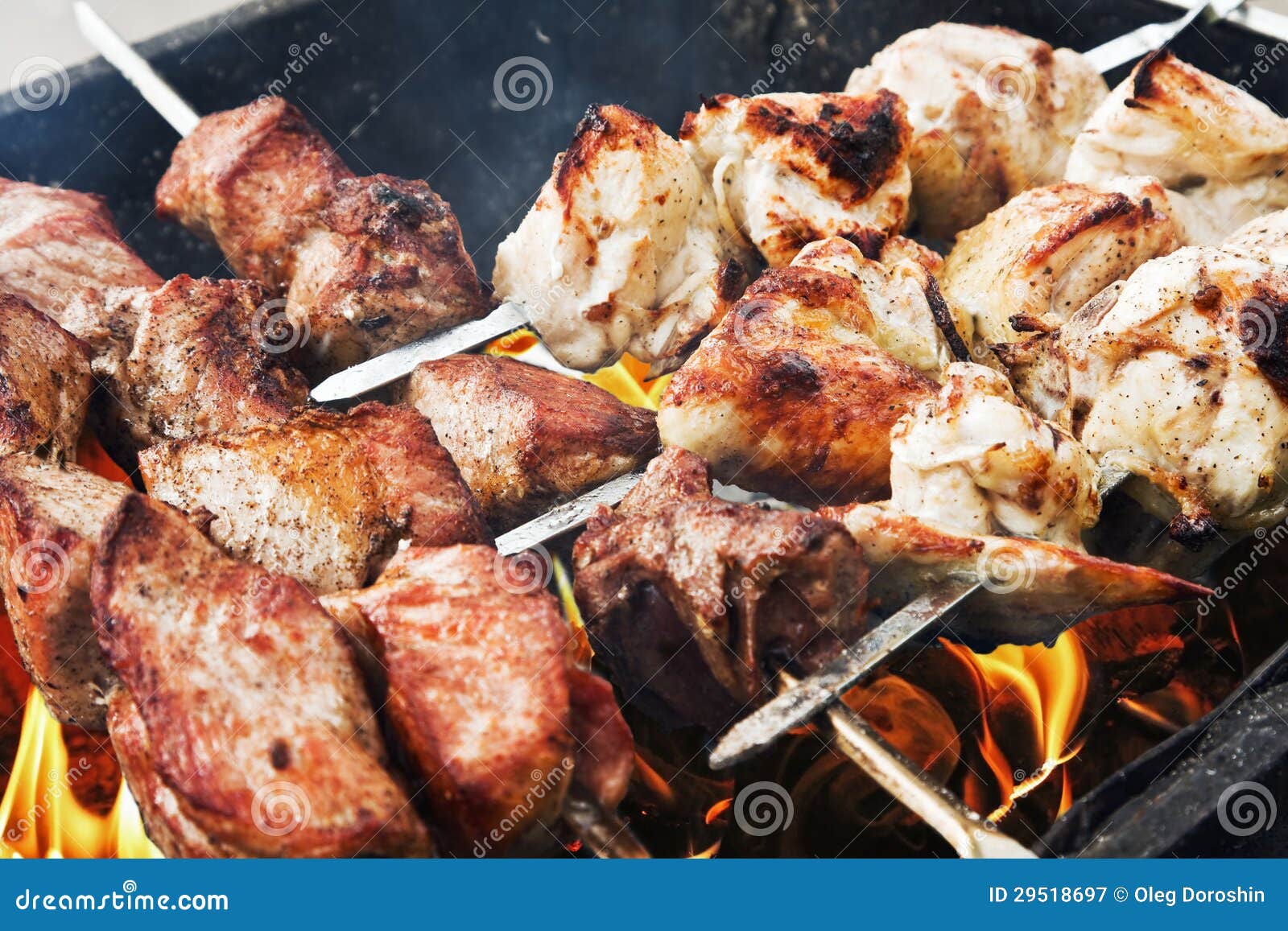 Juicy Slices of Pork and Chicken Cooked Over a Fire Stock Image - Image ...