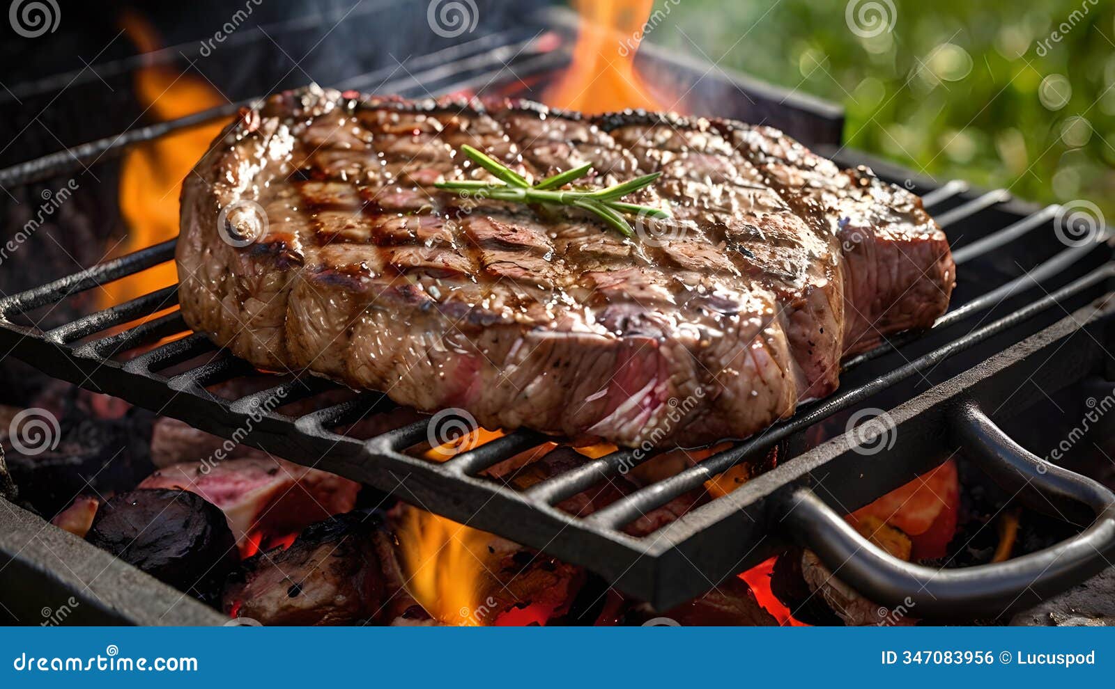 juicy steak sizzling on grill over open flames