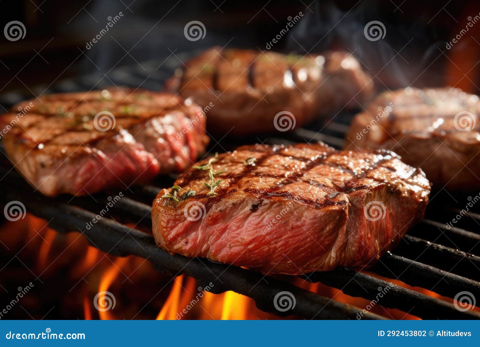 Juicy Steaks Marked with Grill Lines, Sizzling on Grill Stock Photo Image of charred, cooking
