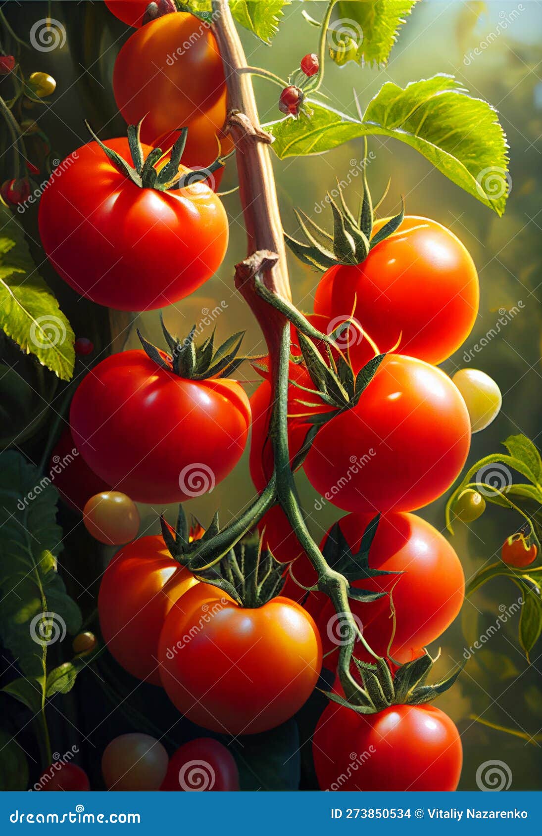 Juicy Tomatoes Ripen on a Bush in the Sun. AI Generated. Stock