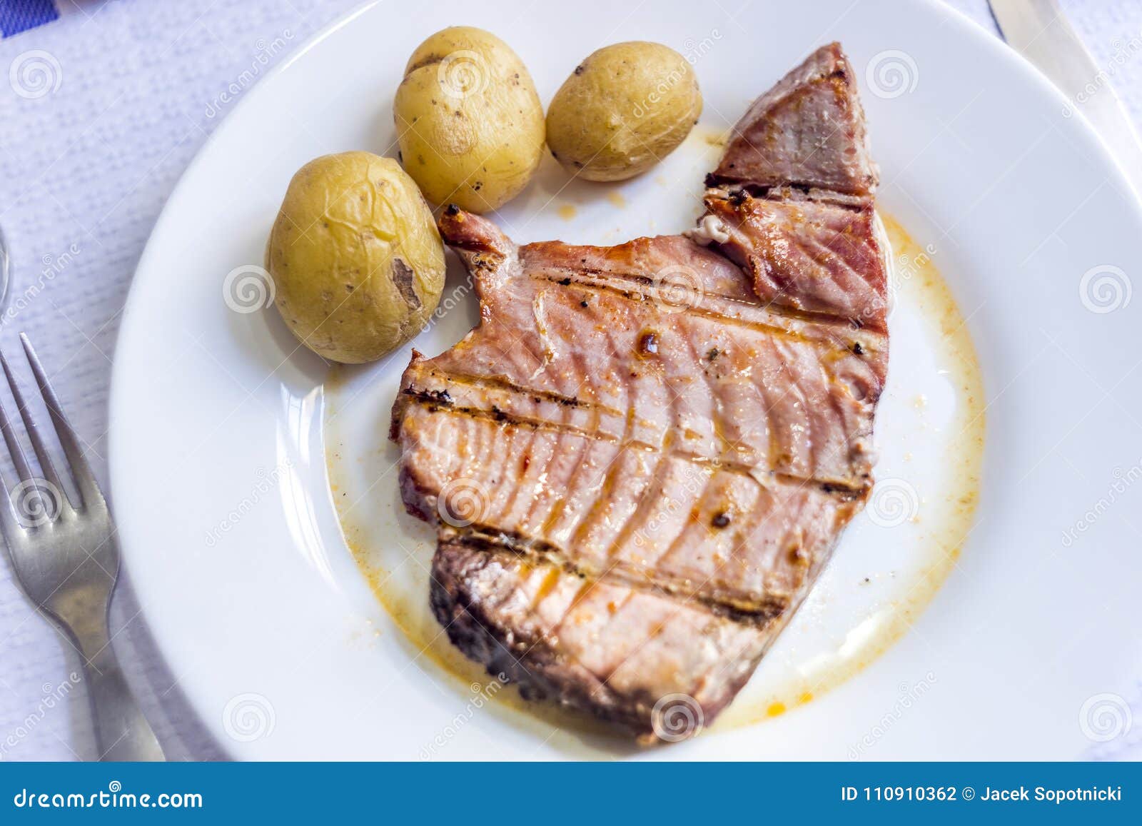 Tuna Steak with Potatoes Served on White Plate Stock Photo Image of