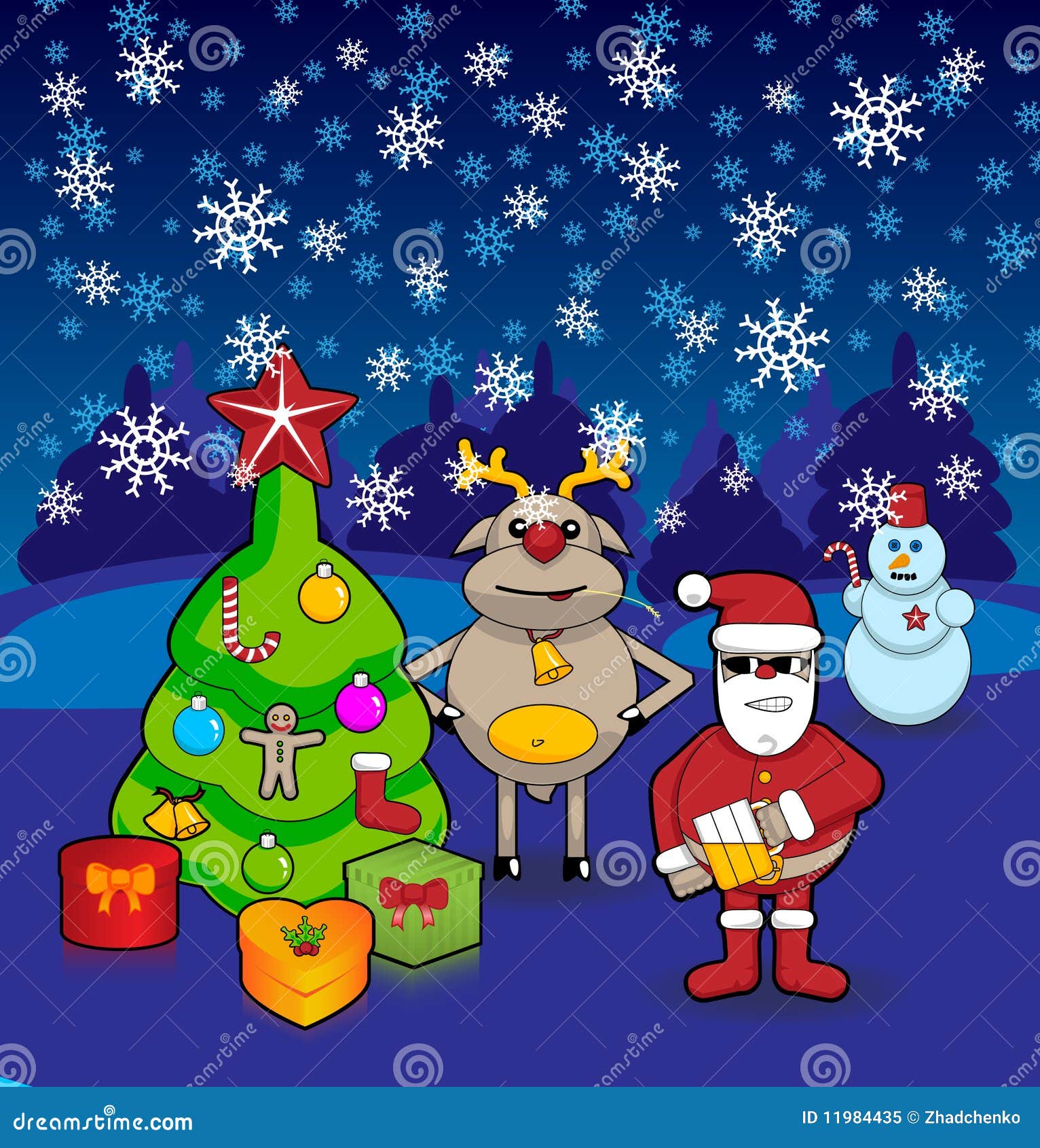 Jul dekorerade pälsgåvor gående rund santa som för den klaus renen snow kastar snöboll till treen, var vinterträ
