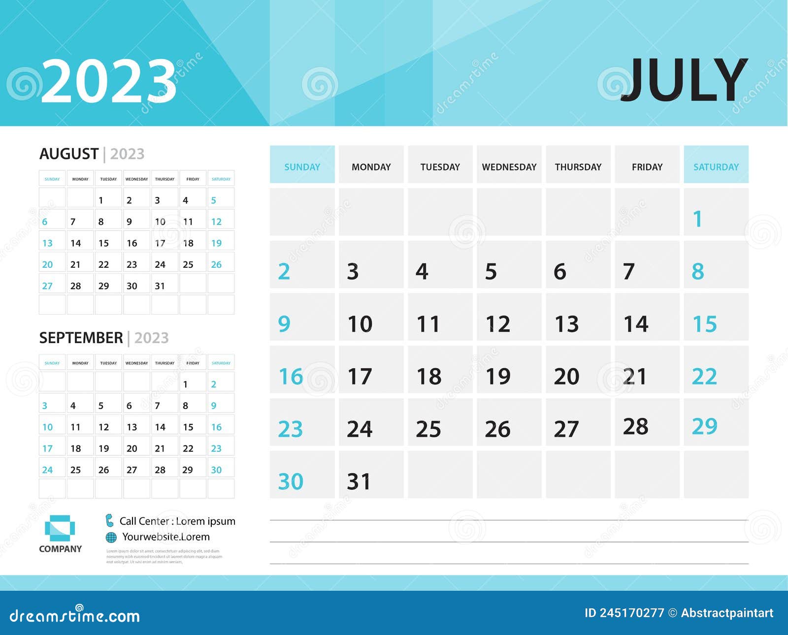 Calendar 2023 Template, July 2023 Year, Desk Calendar 2023 Template