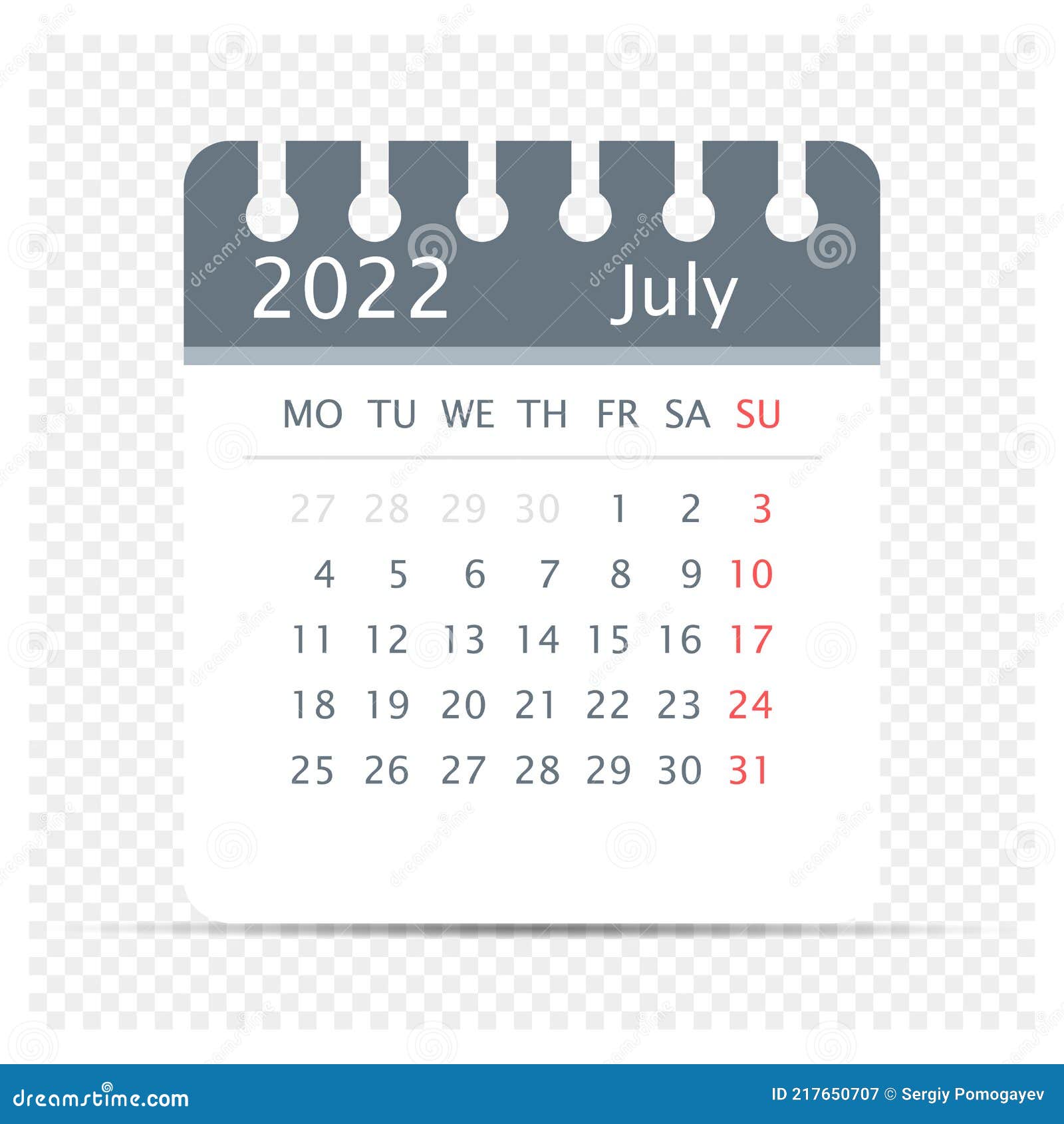 July 2022 - Calendar Icon - Extra Days - Week Starts On Monday - Week Starts On Monday Stock Vector - Illustration Of Gray, Icon: 217650707