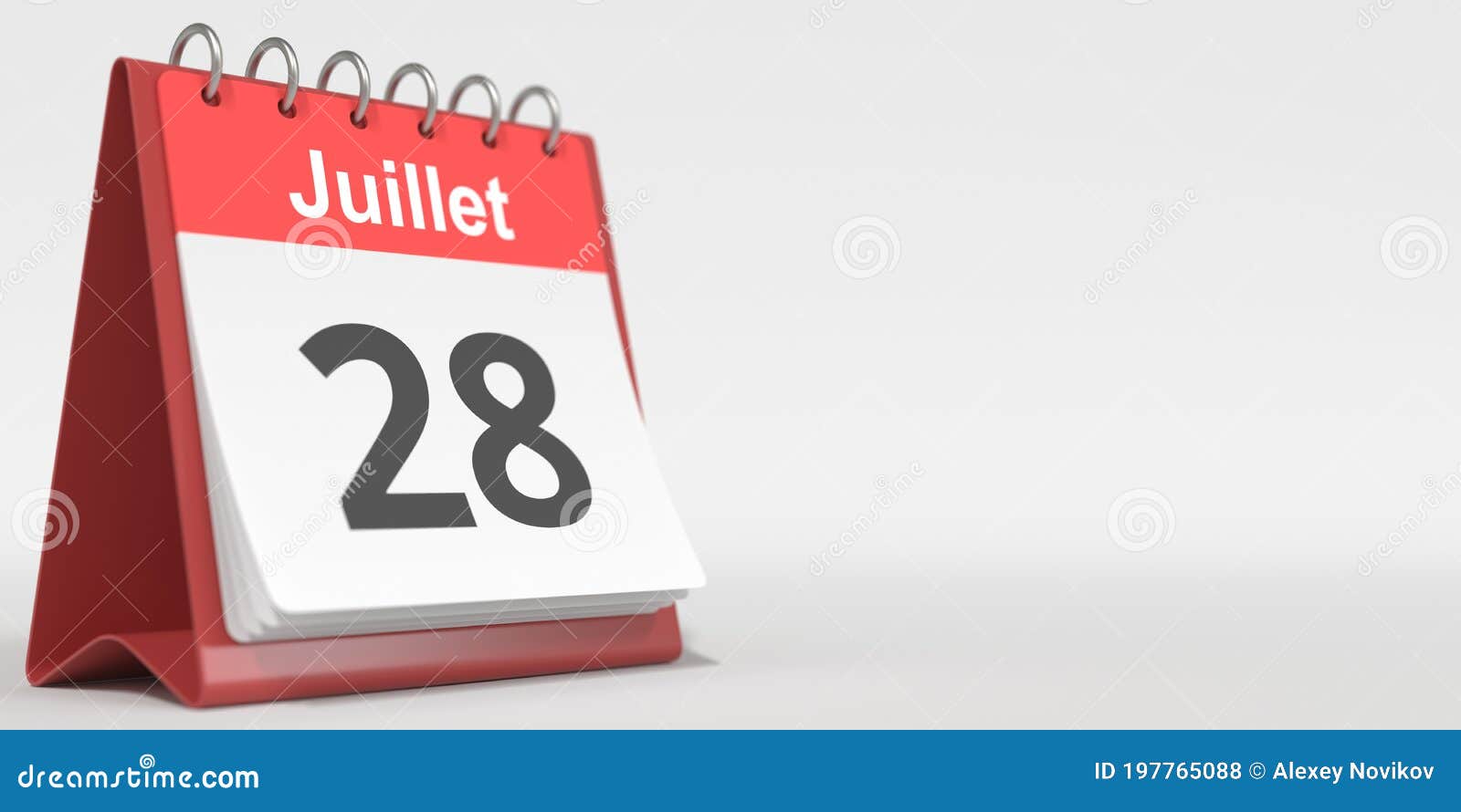 July 28 Date Written in French on the Flip Calendar Page, 3d Rendering