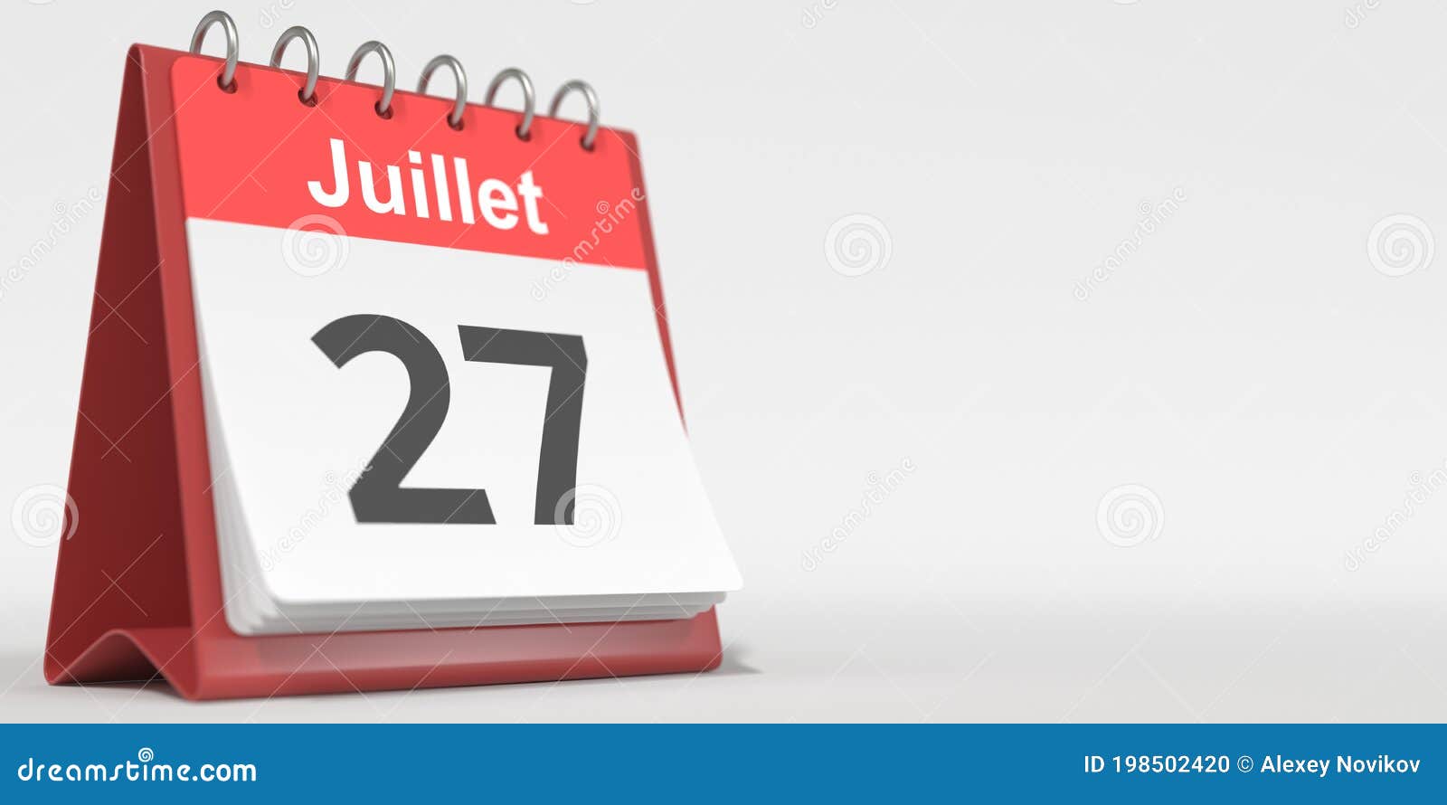 July 27 Date Written in French on the Flip Calendar Page, 3d Rendering