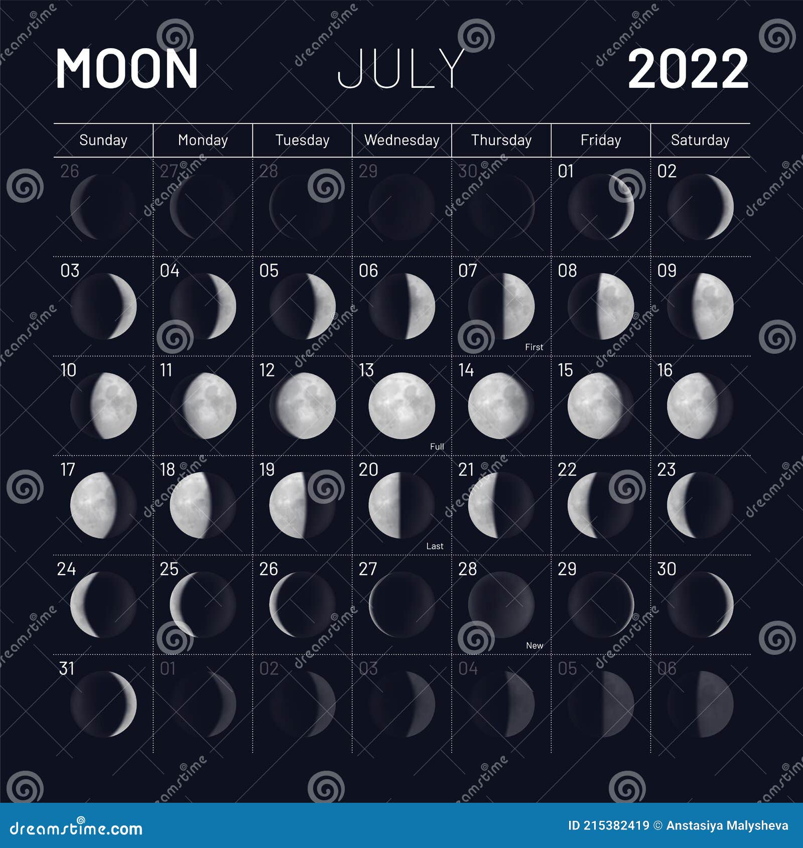 July Lunar Calendar 2022 Dark Night Sky Backdrop Stock Vector