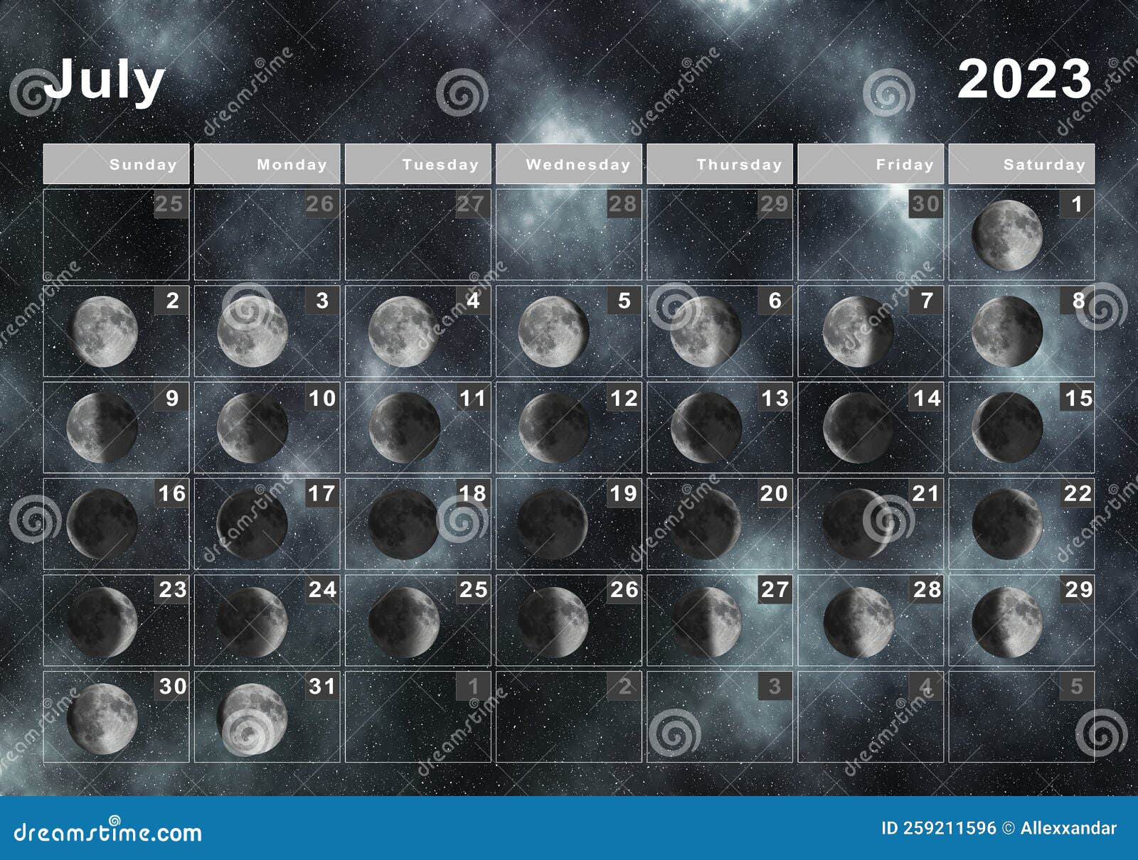 July 2023 Lunar Calendar, Moon Cycles Stock Illustration - Illustration ...