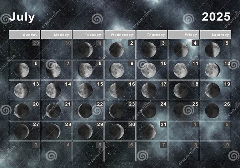 July 2025 Lunar Calendar, Moon Cycles Stock Illustration - Illustration ...