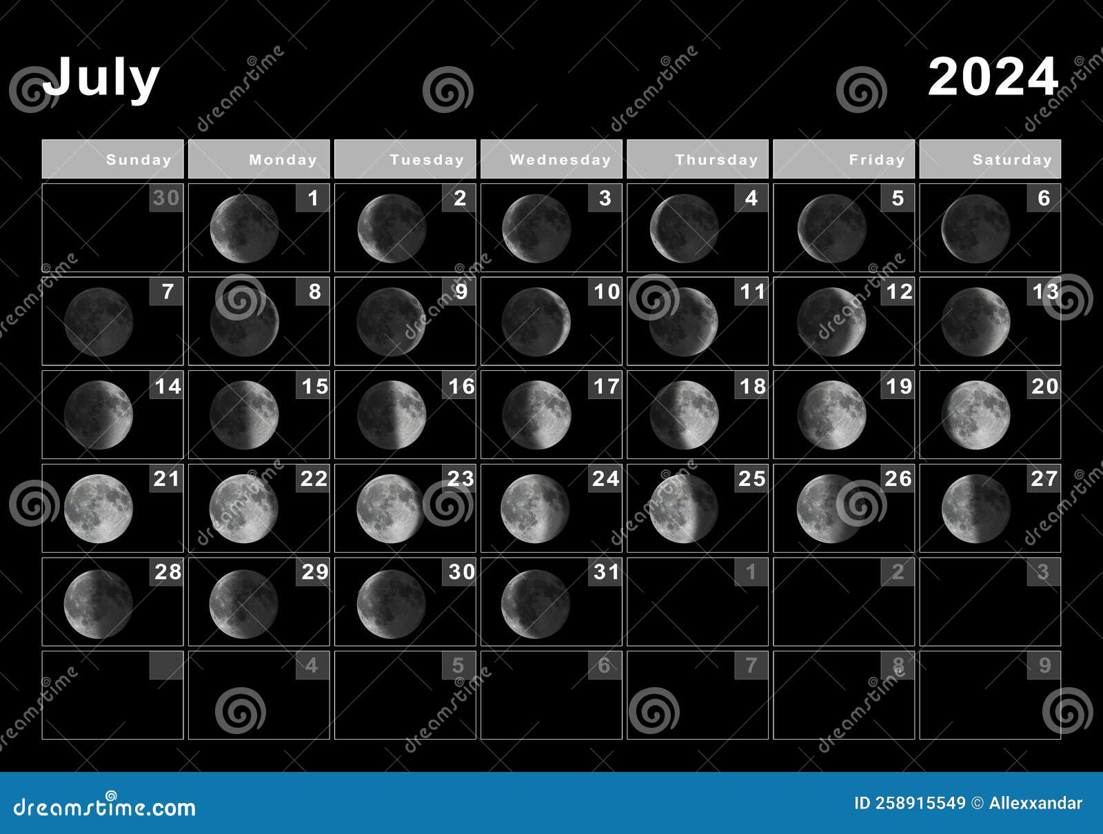 July 2024 Lunar Calendar, Moon Cycles Stock Illustration Illustration