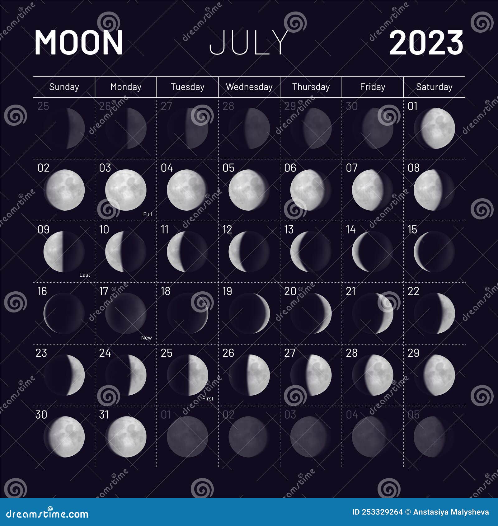 July Lunar Calendar for 2023 Year, Monthly Cycle Planner Stock Vector